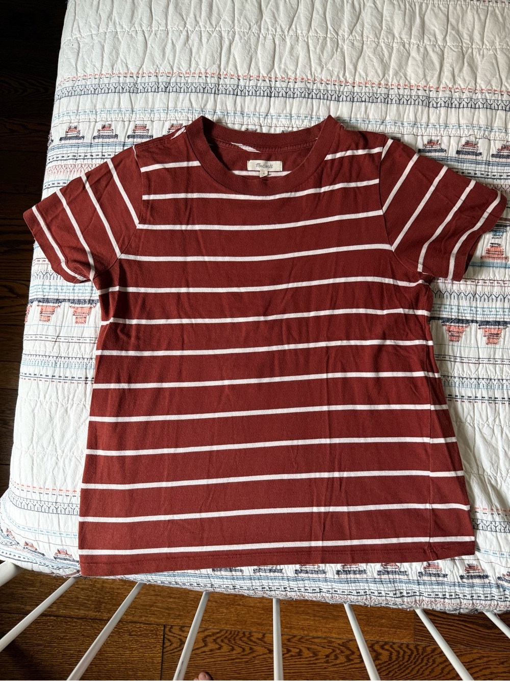 Madewell Striped Crewneck Tee - Rust Red and White